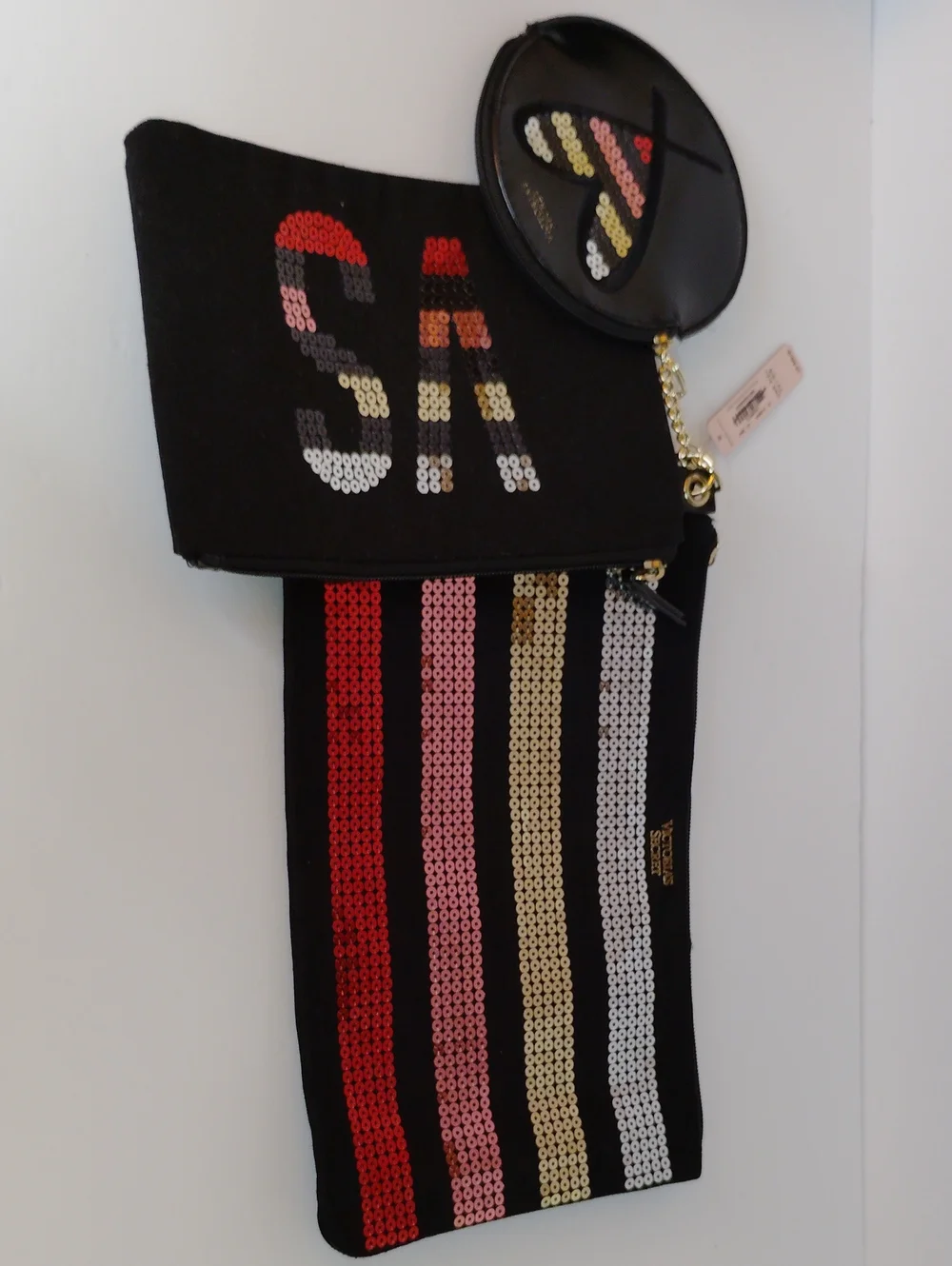 Victoria's Secret Black Wristlet with Pink and Silver Sequins